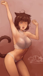 Rule 34 | 10s, 1girl, :3, animal ears, arm up, ass, blue eyes, breasts, brown background, brown hair, cat ears, cat tail, character request, clenched hands, collarbone, cowboy shot, crop top, demstouts, final fantasy, final fantasy xiv, groin, halterneck, highres, leaning forward, medium breasts, messy hair, miqo&#039;te, navel, one eye closed, open mouth, panties, partially colored, shirt, short hair, sketch, sleeping, sleeveless, sleeveless shirt, solo, tail, tears, top-down bottom-up, underwear, warrior of light (ff14), white panties, white shirt, yawning, zzz