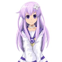 Rule 34 | 10s, 1girl, blush, d-pad, hair ornament, highres, kmd, long hair, looking at viewer, md5 mismatch, nepgear, neptune (series), purple eyes, purple hair, simple background, smile, solo, white background