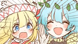Rule 34 | 2girls, black dress, blonde hair, blue eyes, blue hair, blush, bow, bowtie, dress, eternity larva, hair between eyes, hair ornament, hand up, hands up, hat, hat bow, highres, leaf, leaf hair ornament, leaf on head, lily white, long hair, long sleeves, looking at another, multiple girls, open mouth, red bow, red neckwear, short hair, short sleeves, shouting, simple background, smile, tears, touhou, upper body, waramori fuzuka, white background, white dress, white headwear, white sleeves, yellow sleeves