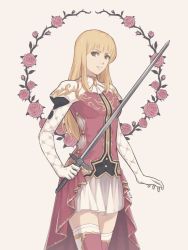 Rule 34 | 1girl, blonde hair, brown hair, elbow gloves, fire emblem, fire emblem: genealogy of the holy war, gloves, holding, holding sword, holding weapon, iktk, lachesis (fire emblem), long hair, looking at viewer, nintendo, skirt, solo, sword, weapon