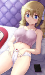 Rule 34 | angelina kudou shields, bed, blonde hair, blue eyes, blue ribbon, blush, breasts, cameltoe, cellphone, collarbone, crop top, crop top overhang, cushion, daruma doll, drill hair, hair between eyes, hands on own crotch, highres, indoors, looking at viewer, lying, mahouka koukou no rettousei, medium breasts, medium hair, midriff, nanikairu, navel, on back, open mouth, panties, phone, pink shirt, pussy squeeze, ribbon, ribbon panties, shirt, smartphone, stomach, thighs, twin drills, underwear, white panties