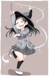 Rule 34 | 1girl, :d, ^ ^, absurdres, arm up, black skirt, black socks, brown background, closed eyes, coat, commentary request, copyright request, dancing, facing viewer, grey coat, grey hair, grey hat, hare (tetterutei), hat, highres, holding, holding wand, kneehighs, long hair, long sleeves, open mouth, pleated skirt, shoes, skirt, smile, sneakers, socks, solo, sparkle, standing, standing on one leg, wand, white footwear, witch hat