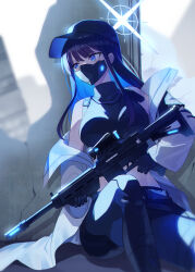 Rule 34 | 1girl, armband, assault rifle, bare shoulders, baseball cap, belt, black belt, black gloves, black hair, black hat, black mask, black pants, black shirt, blue archive, blue eyes, breasts, buckle, chest harness, coat, commentary request, covered collarbone, covered mouth, crop top, foregrip, gloves, gun, hair between eyes, halo, harness, hat, highres, holding, holding gun, holding weapon, long hair, mask, matsumoto tomoyohi, medium breasts, midriff, mouth mask, navel, off shoulder, pants, rifle, saori (blue archive), scope, shadow, shirt, sig 516, sig sauer, sitting, sleeveless, sleeveless shirt, snap-fit buckle, solo, taking cover, underbust, weapon, white coat