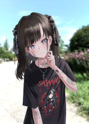 Rule 34 | 1girl, absurdres, arm tattoo, bad id, bad twitter id, black ribbon, black shirt, blue eyes, blue sky, blurry, blurry background, blush, brown hair, closed mouth, colored skin, cross, cross earrings, day, depth of field, ear piercing, earrings, facial tattoo, finger tattoo, gishiki (gshk), hair ribbon, hand up, head tilt, highres, inverted cross, jewelry, looking at viewer, medium hair, neck tattoo, original, outdoors, piercing, ribbon, shirt, sky, smile, solo, tattoo, twintails, white skin, yin yang