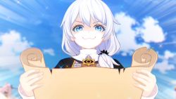 Rule 34 | 1girl, :3, blue eyes, day, emphasis lines, highres, honkai (series), honkai impact 3rd, long hair, map, outdoors, silver hair, sky, smile, solo, theresa apocalypse