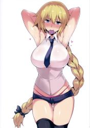 Rule 34 | 1girl, absurdres, armpits, arms behind head, arms up, bare shoulders, black thighhighs, blonde hair, blue eyes, blush, braid, breasts, closed mouth, condom, condom in mouth, condom wrapper, cowboy shot, embarrassed, eyebrows, fate/apocrypha, fate/grand order, fate (series), full-face blush, hair between eyes, halcon, heart, highres, jeanne d&#039;arc (fate), jeanne d&#039;arc (ruler) (fate), large breasts, legs, long hair, looking at viewer, midriff, mouth hold, necktie, panties, pink panties, short shorts, shorts, simple background, single braid, sleeveless, solo, standing, sweat, thigh gap, thighhighs, thighs, underwear, very long hair, white background