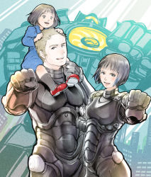 Rule 34 | 1boy, 2girls, age difference, armor, bad id, bad pixiv id, black eyes, black hair, blue eyes, blue hair, bob cut, body armor, bodysuit, brown hair, cannon, carrying, chest cannon, clenched hand, directed-energy weapon, dress, drivesuit, dual persona, energy cannon, energy weapon, gipsy danger, glowing, jaeger (pacific rim), legendary pictures, mako mori, mecha, multicolored hair, multiple girls, nuclear vortex turbine, pacific rim, pan pacific defense corps, raleigh becket, robot, shoes, short hair, shoulder carry, smile, socks, streaked hair, super robot, teuteu08, aged down