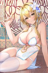 Rule 34 | 1girl, alternate costume, bare shoulders, blonde hair, blush, breasts, china dress, chinese clothes, cleavage, dress, flower, genshin impact, hair flower, hair ornament, hand up, highres, holding, large breasts, leaning to the side, looking at viewer, lumine (genshin impact), nail polish, panties, panty straps, parted lips, pelvic curtain, revealing clothes, short hair with long locks, sidelocks, sitting, smile, solo, thighhighs, thighs, underwear, white flower, white panties, white thighhighs, yellow eyes, yellow nails, yoshitoki (kisshin)