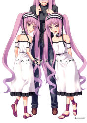 Rule 34 | 00s, 3girls, :d, :p, arm garter, arms behind back, choker, euryale (fate), fate/hollow ataraxia, fate/stay night, fate (series), hairband, head out of frame, height difference, hiroyama hiroshi, lolita hairband, long hair, medusa (fate), medusa (rider) (fate), multiple girls, official alternate costume, open mouth, pink hair, sandals, siblings, sisters, smile, stheno (fate), tongue, tongue out, twins, twintails, very long hair