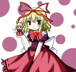 Rule 34 | 1girl, :&lt;, between legs, blonde hair, blouse, blue eyes, blush stickers, bow, hair ribbon, hand between legs, hand up, haneinu, looking at viewer, medicine melancholy, polka dot, polka dot background, puffy short sleeves, puffy sleeves, ribbon, shirt, short hair, short sleeves, simple background, skirt, smile, solo, su-san, touhou, triangle mouth, wings