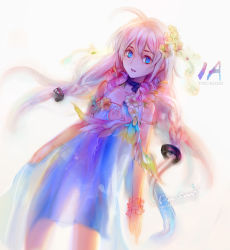 Rule 34 | 1girl, bare shoulders, blue eyes, braid, character name, dansearl, dress, ia (vocaloid), long hair, looking at viewer, pink hair, see-through, simple background, solo, twin braids, very long hair, vocaloid