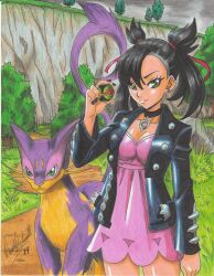 Rule 34 | 1girl, 2019, absurdres, artist name, asymmetrical bangs, black choker, black hair, black jacket, black nails, breasts, choker, cleavage, cloud, cloudy sky, cowboy shot, creatures (company), dress, dusk ball, earrings, game freak, gen 5 pokemon, grass, green eyes, hair ribbon, highres, holding, holding poke ball, jacket, jewelry, large breasts, liepard, long sleeves, marnie (pokemon), medium breasts, medium hair, nintendo, open clothes, open jacket, outdoors, pink dress, poke ball, pokemon, pokemon (creature), pokemon swsh, purple fur, ravernclouk design, ribbon, short dress, sky, standing, thighs, traditional media, tree, twintails, v-shaped eyebrows, whiskers, yellow fur
