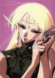 Rule 34 | 1990s (style), 1girl, absurdres, blonde hair, circlet, closed mouth, deedlit, earrings, elf, green eyes, highres, jewelry, light smile, long hair, official art, pointy ears, record of lodoss war, retro artstyle, scan, scan artifacts, solo, upper body, yuuki nobuteru