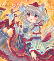 Rule 34 | 1girl, :d, animal ear fluff, animal ears, black skirt, black socks, breasts, collared shirt, detached sleeves, fang, feet out of frame, frilled shirt collar, frilled skirt, frills, grey tail, hair between eyes, hat, holding, inubashiri momiji, kneehighs, leaf, leaf background, leaf print, looking at viewer, marker (medium), medium hair, open mouth, pom pom (clothes), print skirt, red eyes, red hat, red ribbon, ribbon, ribbon-trimmed sleeves, ribbon trim, rui (sugar3), sample watermark, shirt, silver hair, skin fang, skirt, sleeveless, sleeveless shirt, small breasts, smile, socks, solo, tail, tokin hat, touhou, traditional media, watermark, wide sleeves, wolf ears, wolf tail, yellow background