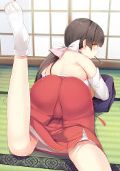 Rule 34 | 10s, 1girl, amayadori machi, ass, back, backless outfit, bad anatomy, bad feet, bandaged leg, bandages, bare shoulders, bead necklace, beads, black hair, blunt bangs, blush, bow, daiaru, food, food in mouth, from above, from behind, hair bow, hakama, hakama skirt, highres, indoors, japanese clothes, jewelry, kumamiko, long hair, looking at viewer, low ponytail, lying, miko, mouth hold, necklace, no shoes, on floor, on stomach, pocky, poorly drawn, profile, red hakama, skirt, sliding doors, socks, solo, tatami, white bow, white socks, yellow eyes