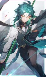 Rule 34 | 1boy, ahoge, alternate costume, aqua hair, black gloves, black pants, closed mouth, facial mark, forehead mark, genshin impact, gloves, green hair, highres, hisehisekin, holding, holding spear, holding weapon, long sleeves, male focus, multicolored hair, necktie, pants, polearm, shirt, simple background, solo, spear, tassel, vest, weapon, white shirt, xiao (genshin impact), yellow eyes