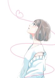 Rule 34 | 1girl, bob cut, brown hair, cardigan, casual, from side, grey hair, heart, heart of string, highres, long sleeves, looking up, nasu rei, off shoulder, parted lips, profile, rico gyouza, shirt, short hair, simple background, solo, upper body, white background, white shirt, world trigger