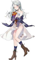 Rule 34 | 1girl, boots, bra, dress, drew (drew213g), flower, full body, hairband, jacket, kantai collection, long hair, official art, one eye closed, panties, purple eyes, sagiri (kancolle), silver hair, simple background, socks, solo, torn clothes, transparent background, underwear