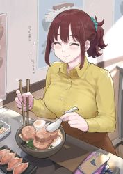 Rule 34 | 1girl, :&gt;, blush, bowl, breasts, brown hair, brown skirt, buttons, cellphone, chair, chopsticks, closed eyes, closed mouth, collared shirt, commentary, counter, dumpling, eating, egg, egg (food), eighth note, food, half updo, happy, highres, holding, holding chopsticks, holding spoon, indoors, jiaozi, jun (navigavi), long sleeves, meat, medium breasts, motion lines, musical note, noodles, nori (seaweed), original, phone, ponytail, pork, poster (object), ramen, restaurant, scrunchie, shirt, shirt tucked in, short hair, short ponytail, sitting, skirt, smartphone, smile, solo, soup, spoon, steam, table, translated, upper body, wing collar, yellow shirt