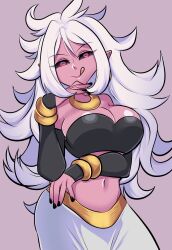 Rule 34 | 1girl, absurdres, android 21, baggy pants, bracelet, breasts, colored sclera, colored skin, dragon ball, dragon ball fighterz, highres, jewelry, large breasts, long hair, looking at viewer, majin android 21, midriff, missandydandy, nail polish, navel, pants, pink skin, pointy ears, simple background, solo, tongue, tongue out, white hair
