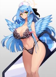 Rule 34 | 1girl, arms behind back, bare arms, bare legs, bare shoulders, black bow, black bra, black panties, blue archive, blue hair, blue wings, bow, bra, breasts, cleavage, closed mouth, collarbone, dot mouth, feathered wings, gradient background, grey background, hair bow, halo, hat, highres, huge breasts, large breasts, lingerie, long hair, looking at viewer, mine (blue archive), multicolored hair, navel, notte, nurse cap, panties, pink hair, pointy ears, riot shield, shield, solo, standing, stomach, streaked hair, thighs, underwear, very long hair, wings