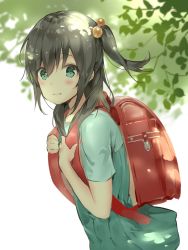 Rule 34 | 1girl, backpack, bag, black hair, blue dress, blue eyes, blush, closed mouth, commentary, dress, hair between eyes, hair bobbles, hair ornament, hands up, highres, hinako (anzu15), holding strap, looking at viewer, looking to the side, one side up, original, randoseru, short sleeves, sidelocks, solo, white background