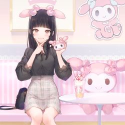 Rule 34 | 1girl, animal ears, bag, black hair, black shirt, blunt bangs, blush, breasts, closed mouth, couch, cup, disposable cup, fake animal ears, fuzuki fuuro, grey eyes, hairband, handbag, high-waist skirt, highres, holding, long hair, looking at viewer, medium breasts, my melody, onegai my melody, original, plaid, plaid skirt, sanrio, shirt, sidelocks, sitting, skirt, smile, solo, stuffed toy, table, v