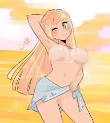 Rule 34 | 1girl, arm behind head, arm up, armpits, bad id, bad tumblr id, bikini, blonde hair, blush, braid, breasts, breasts apart, clothes lift, cloud, creatures (company), female pubic hair, french braid, game freak, green eyes, inactive account, irukibo, large breasts, legs apart, lifted by self, lillie (pokemon), long hair, looking at viewer, navel, nintendo, nipples, no panties, ocean, one eye closed, orange sky, outdoors, pokemon, pokemon sm, pubic hair, pussy, sarong, see-through, signature, simple background, skirt, skirt lift, sky, smile, solo, standing, sunset, swimsuit, text focus, translation request, uncensored, water, wink, yellow background