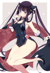 Rule 34 | 1girl, armpits, bare shoulders, black dress, black hair, blue eyes, blunt bangs, blush, breasts, china dress, chinese clothes, closed mouth, double bun, dress, fate/grand order, fate (series), hair bun, hair ornament, high heels, leaf hair ornament, long hair, looking at viewer, mutou kurihito, short dress, sidelocks, small breasts, smile, solo, thighs, twintails, very long hair, yang guifei (fate), yang guifei (second ascension) (fate)