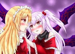 Rule 34 | 2girls, bad id, bad twitter id, bare shoulders, blonde hair, blush, commentary request, hair between eyes, hair bobbles, hair ornament, hand on another&#039;s cheek, hand on another&#039;s face, highres, long hair, maid headdress, multiple girls, nanaemon, one side up, open mouth, pink hair, red eyes, shinki (touhou), touhou, touhou (pc-98), upper body, wide sleeves, wings, yumeko (touhou), yuri
