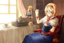 Rule 34 | 1girl, alice margatroid, basket, bespectacled, blonde hair, blue eyes, bow, capelet, chair, cup, dust, erlenmeyer flask, flask, freeze-ex, glasses, hair bow, hairband, hourai doll, kirisame marisa, mary janes, needle, pincushion, round-bottom flask, saucer, semi-rimless eyewear, sewing, shanghai doll, shoes, short hair, smile, tape measure, teacup, thread, touhou, under-rim eyewear, window, wrist cuffs