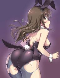 Rule 34 | 10s, 1girl, alternate costume, animal ears, ashigara (kancolle), ass, bad id, bad twitter id, bare shoulders, blush, breasts, brown eyes, brown hair, fake animal ears, hairband, hi-ho-, jpeg artifacts, kantai collection, leotard, long hair, looking back, open mouth, pantyhose, playboy bunny, popped button, rabbit ears, shiny skin, solo, tail, torn clothes, torn pantyhose, wrist cuffs