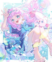 Rule 34 | 1girl, absurdres, air bubble, aqua neckerchief, barefoot, blue dress, blue eyes, blue hairband, bubble, commentary, dress, fish, frilled dress, frills, hairband, head tilt, highres, kururun (precure), laura la mer, lilylily0601, long hair, looking at viewer, neckerchief, open mouth, pink hair, precure, sailor collar, sailor dress, short dress, short sleeves, smile, solo, tropical-rouge! precure, underwater, white sailor collar