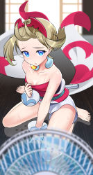 Rule 34 | 1girl, :o, absurdres, bare shoulders, barefoot, blonde hair, blue eyes, blush, breasts, clothes pull, collar, collarbone, creatures (company), electric fan, fan, feet, floating hair, full body, game freak, hairband, highres, hot, irida (pokemon), looking at viewer, nintendo, obi, on floor, open mouth, pokemon, pokemon legends: arceus, raised eyebrows, red hairband, red shirt, sash, shirt, shirt pull, short hair, shorts, sitting, small breasts, solo, strapless, strapless shirt, sweat, thighs, tm (hanamakisan), toes, white collar, white shorts, wooden floor, wrist cuffs