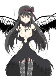 Rule 34 | 10s, 1girl, akemi homura, akuma homura, alternate eye color, argyle, argyle clothes, argyle legwear, bad id, bad pixiv id, bare shoulders, black gloves, black hair, bow, breasts, breasts out, choker, clothes down, dress, elbow gloves, feathered wings, flat chest, gloves, hair bow, highres, kame no nin, long hair, looking at viewer, mahou shoujo madoka magica, mahou shoujo madoka magica: hangyaku no monogatari, nipples, pink eyes, simple background, solo, spool, thighhighs, white background, wings, zettai ryouiki