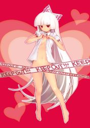Rule 34 | 1girl, bad id, bad pixiv id, barefoot, blunt bangs, blush, bottomless, bow, breasts, caution tape, censored, chi (marooner2), dress shirt, female focus, fujiwara no mokou, full body, hair bow, heart, keep out, long hair, medium breasts, naked shirt, navel, no bra, open clothes, open shirt, red eyes, ribbon, shirt, simple background, solo, standing, touhou, very long hair, white hair