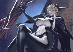 Rule 34 | 1girl, armor, artist name, artoria pendragon (fate), artoria pendragon (lancer alter) (fate), blonde hair, braid, breasts, closed mouth, crossed legs, cuboon, dark persona, fate/grand order, fate (series), female focus, french braid, hair between eyes, hand on own cheek, hand on own face, holding, holding polearm, holding sword, holding weapon, huge breasts, lance, matching hair/eyes, mature female, navel, pale skin, pauldrons, polearm, revealing clothes, rhongomyniad (fate), shoulder armor, sidelocks, sitting, spear, sword, thighs, underboob, unfinished, weapon, yellow eyes