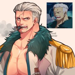 Rule 34 | 1boy, alynomali, bara, facial hair, frown, goatee stubble, highres, holding, holding weapon, large pectorals, looking at viewer, male focus, muscular, muscular male, one piece, pectoral cleavage, pectorals, screenshot inset, short hair, sideburns stubble, smoker (one piece), solo, sparse stubble, stitches, stubble, tsurime, upper body, veiny face, weapon, white hair