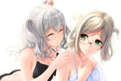 Rule 34 | 2girls, ass, black bra, black panties, blush, bra, breasts, brown hair, camisole, cleavage, closed eyes, closed mouth, collarbone, folded ponytail, glasses, green eyes, hair between eyes, hand up, highres, kantai collection, kashima (kancolle), katori (kancolle), large breasts, long hair, looking at viewer, multiple girls, panties, parted bangs, sidelocks, silver hair, sleepwear, smile, twintails, two side up, underwear, underwear only, wavy hair, white background, yeyue ying