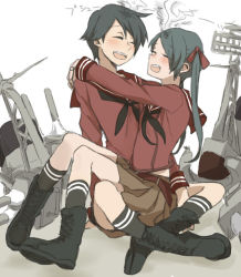 Rule 34 | 10s, 2girls, black hair, blush, boots, closed eyes, hands on shoulders, kantai collection, long hair, mikuma (kancolle), mogami (kancolle), multiple girls, personification, ree (re-19), sailor collar, short hair, sitting, sitting on lap, sitting on person, skirt, smile, twintails, yuri