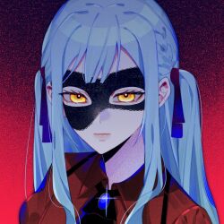 1girl bang_dream! bang_dream!_it&#039;s_mygo!!!!! black_mask black_ribbon blue_brooch blue_hair braid closed_mouth commentary glint hair_ribbon hashtag-only_commentary long_hair looking_at_viewer mask masquerade_mask nanamirin5 oblivionis_(bang_dream!) red_background red_shirt ribbon shirt sidelocks solo togawa_sakiko upper_body yellow_eyes