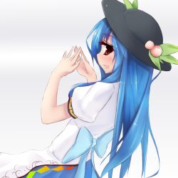 Rule 34 | 1girl, blue hair, blush, food, from side, fruit, hat, hinanawi tenshi, long hair, looking at viewer, peach, quality, red eyes, shuizao (little child), sideways mouth, solo, touhou