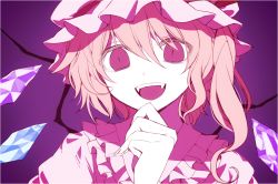 Rule 34 | 1girl, bad id, bad twitter id, blonde hair, fangs, flandre scarlet, hair between eyes, hand on own chin, hat, looking at viewer, mob cap, moi2m3, open mouth, portrait, purple background, purple eyes, side ponytail, simple background, slit pupils, solo, touhou