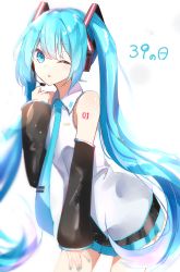 Rule 34 | 1girl, ;o, a.a (aa772), bare shoulders, black skirt, black sleeves, blue eyes, blue hair, blue nails, blue necktie, blush, collared shirt, commentary request, detached sleeves, fingernails, hair between eyes, hair ornament, hand up, hatsune miku, headphones, headset, highres, long hair, long sleeves, nail polish, necktie, one eye closed, parted lips, pleated skirt, shirt, skirt, sleeveless, sleeveless shirt, sleeves past wrists, solo, tie clip, twintails, very long hair, vocaloid, white background, white shirt