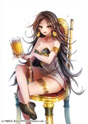 Rule 34 | 1girl, :d, armlet, beer mug, breasts, brown hair, cleavage, collarbone, crossed legs, cup, dress, fangs, floating hair, gradient hair, green eyes, grey dress, holding, long hair, looking at viewer, medium breasts, mug, multicolored hair, open mouth, original, shiny skin, short dress, sila (carpen), silver hair, simple background, sitting, sleeveless, sleeveless dress, smile, solo, striped clothes, striped dress, thighlet, very long hair, white background