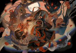 Rule 34 | 1boy, bare legs, barefoot, black robe, branch, brown hair, character request, chinese clothes, closed mouth, commentary request, dragon, eastern dragon, facial mark, falling petals, flower, full body, horns, leg tattoo, looking at viewer, male focus, mask, oni mask, onmyoji, petals, red flower, red ribbon, ribbon, robe, sash, shirt, short hair, smile, solo, tattoo, tsubonari, white shirt, yellow eyes