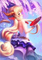 Rule 34 | 1girl, alcohol, backless outfit, bare back, bare shoulders, blonde hair, blush, bow, cherry blossoms, cup, flower, gourd, hair bow, horn ornament, horn ribbon, horns, ibuki suika, long hair, looking at viewer, looking back, petals, red eyes, ribbon, sakazuki, sake, shirt, sleeveless, sleeveless shirt, smile, solo, touhou, wisteria, zimajiang