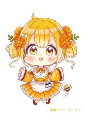 Rule 34 | 1girl, :d, animal, bare shoulders, bee, blonde hair, blush, brown footwear, bug, character request, chibi, commentary request, detached sleeves, double bun, dress, flower, frilled sleeves, frills, full body, hair bun, hair flower, hair ornament, hands up, highres, insect, long sleeves, looking at viewer, open mouth, orange eyes, orange flower, pleated dress, sakura oriko, shoes, simple background, sleeveless, sleeveless dress, sleeves past wrists, smile, solo, takasaki-sen meguri, translation request, white background, wide sleeves, yellow dress