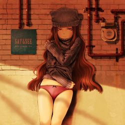 Rule 34 | 1girl, closed mouth, commentary request, expressionless, highres, hotateyuki, industrial pipe, long hair, long sleeves, looking at viewer, original, panties, pink panties, red eyes, red hair, red panties, sleeves past wrists, solo, standing, sweater, turtleneck, underwear, upper body