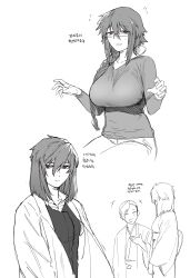 1boy 2girls absurdres bow braid breasts collared_shirt commentary_request flying_sweatdrops genderswap genderswap_(mtf) glasses greyscale hair_bow harada_kazaru harada_mutei highres hunyangzi jacket korean_commentary korean_text large_breasts long_hair long_sleeves medium_breasts medium_hair monochrome multiple_girls open_clothes open_jacket red_eyes saibou_shinkyoku shirt side_braid single_braid sitting smile spot_color translation_request utsugi_rangiri vest w_arms